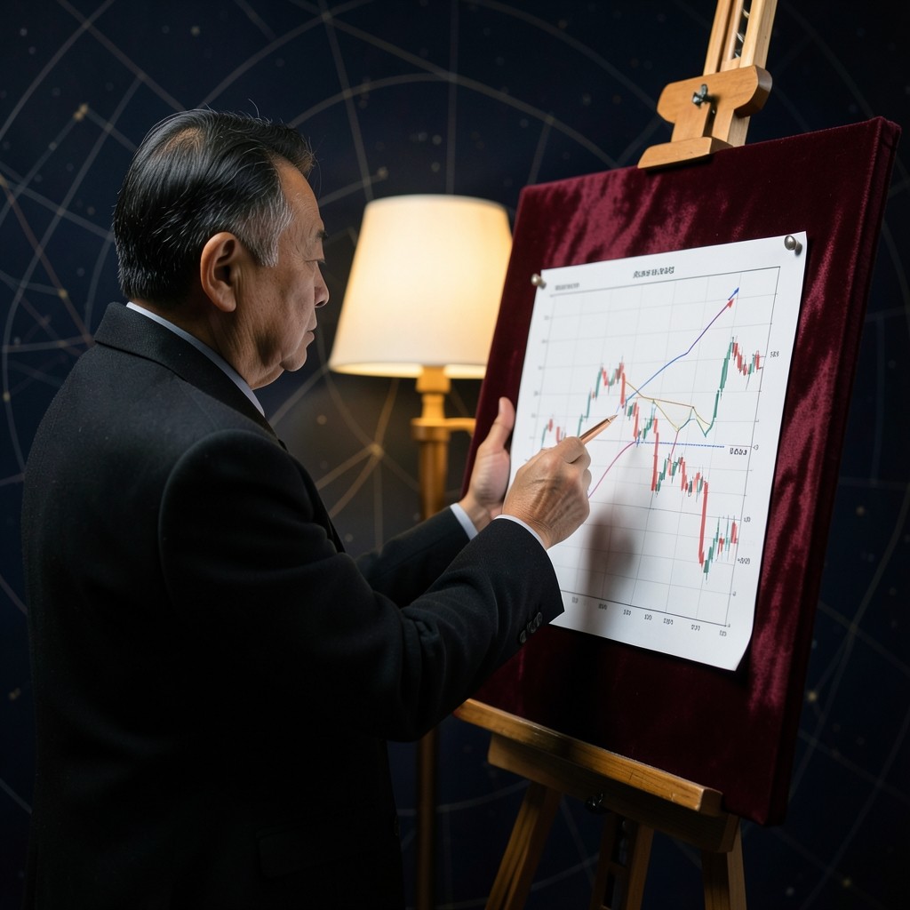 Instructor marking swing highs on a large printed chart beside a velvet-draped wall