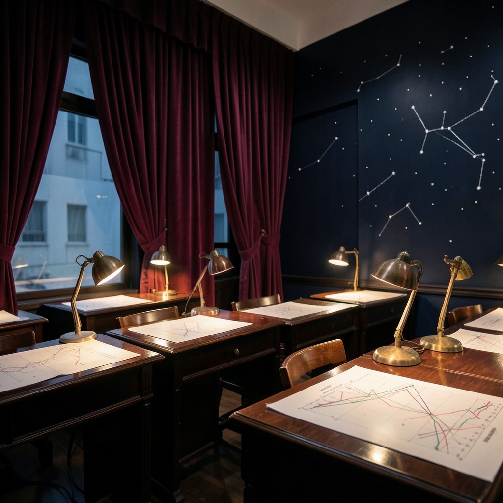 Dim classroom with annotated paper charts under warm copper desk lamps