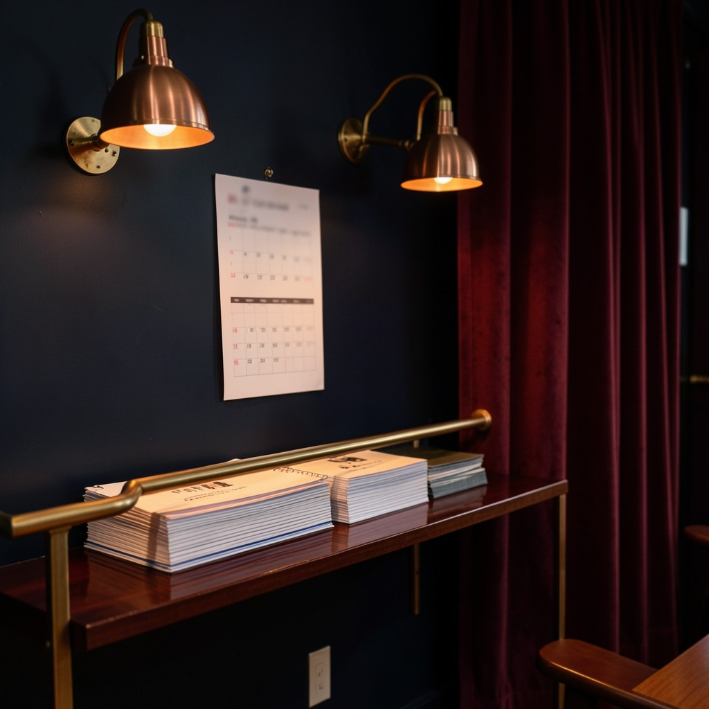 Evening classroom calendar pinned beside brass rail fixtures and chart packs